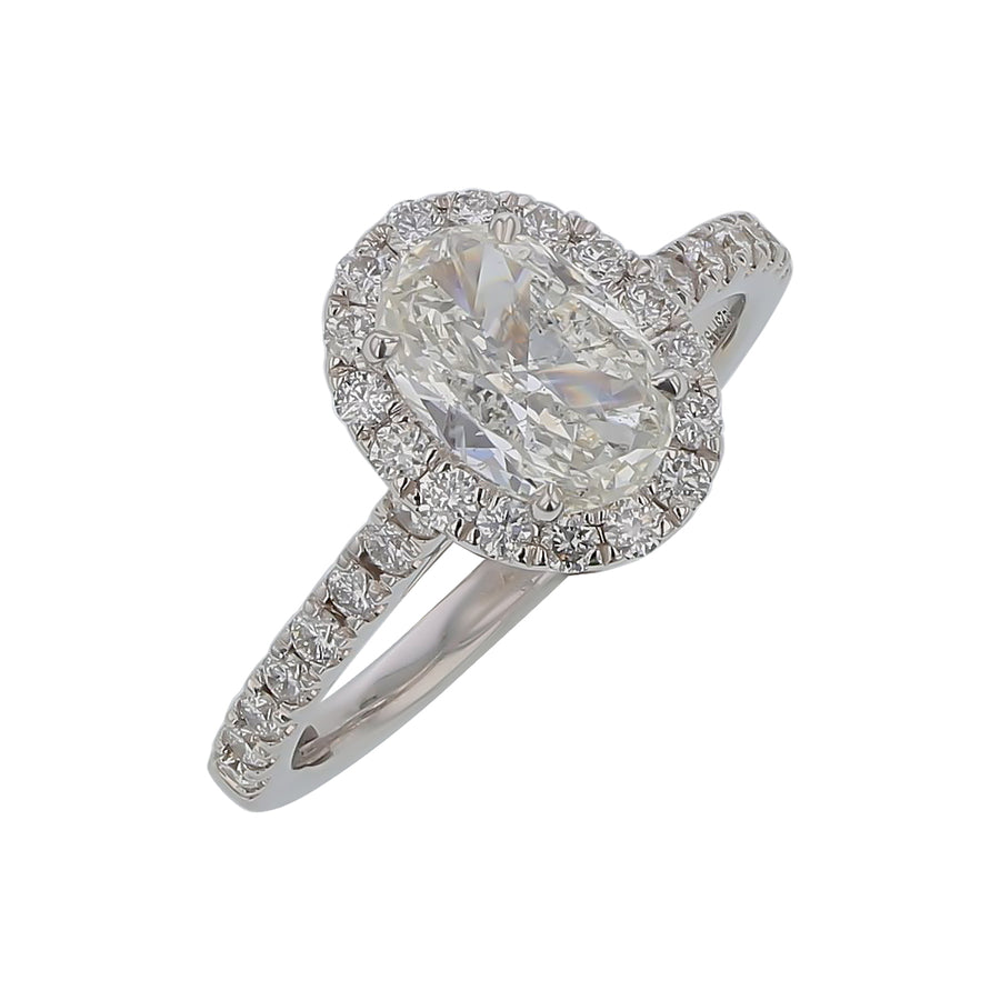 1.01Ct Oval Cut Diamond and 0.43Ct Round Diamond Halo Ring in 14K White Gold, Size 6