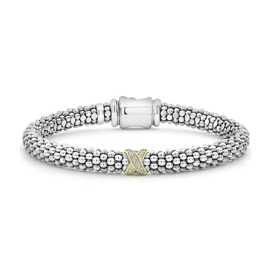 Embrace 0.07ct Diamond Single X Station Beaded Bracelet in 18K Yellow Gold and Sterling Silver, size 6.5