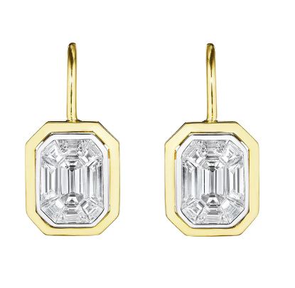 Illusion 0.66ct Emerald Cut Diamond Bezel Drop Earrings in 18K Yellow Gold
