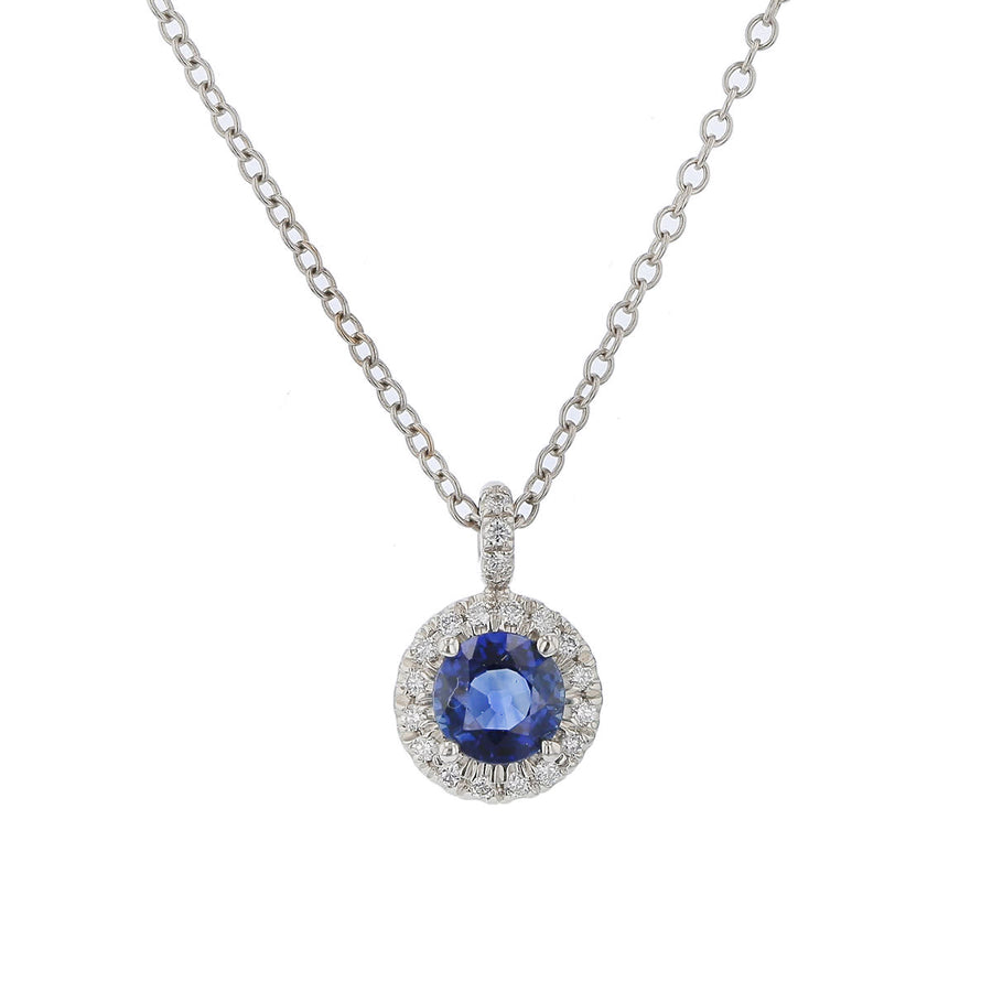 0.60ct Sapphire and 0.09ct Diamond Halo Pendant in Platinum, 18" 18K White Gold Chain