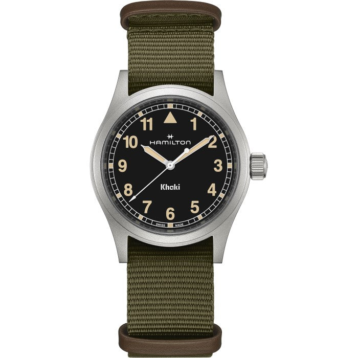 38mm Khaki Field Quartz Black Dial Watch in Stainless Steel with Green Nato Strap