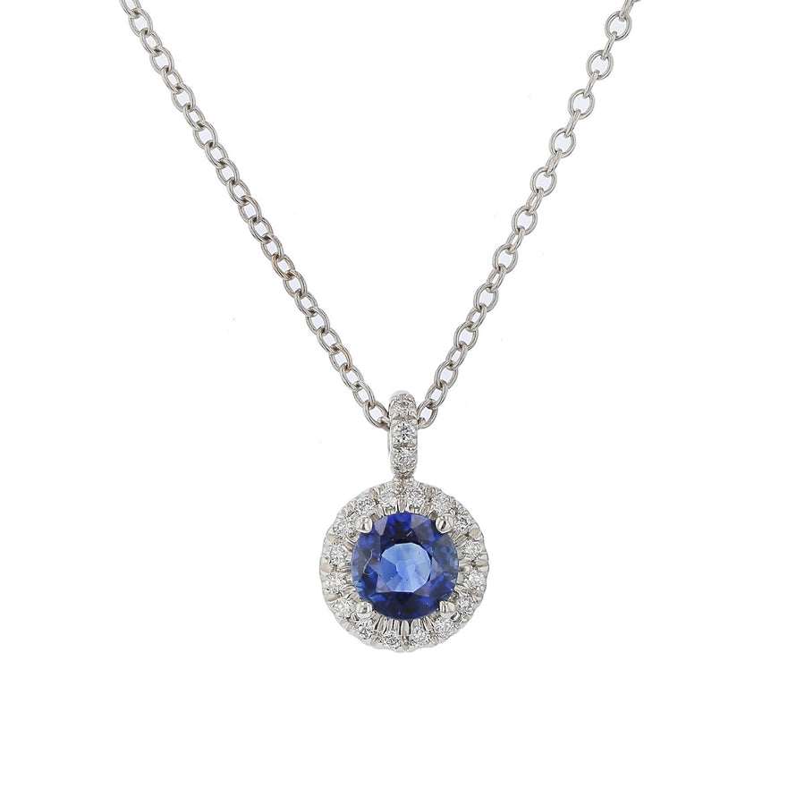 0.60ct Sapphire and 0.09ct Diamond Halo Pendant in Platinum on 18" 18K White Gold Chain