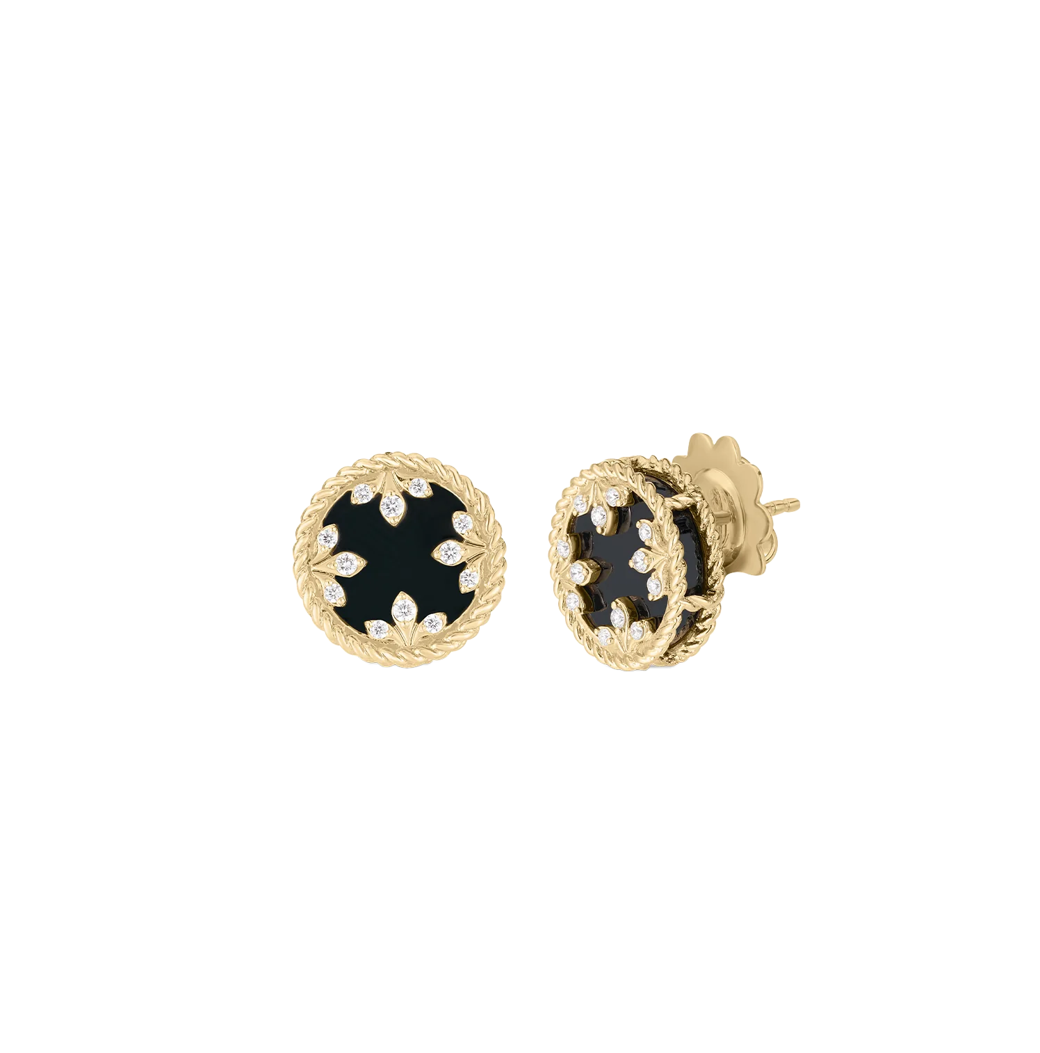 Venetian Medallion Diamond and Black Jade Stud Earrings in 18K Yellow Gold