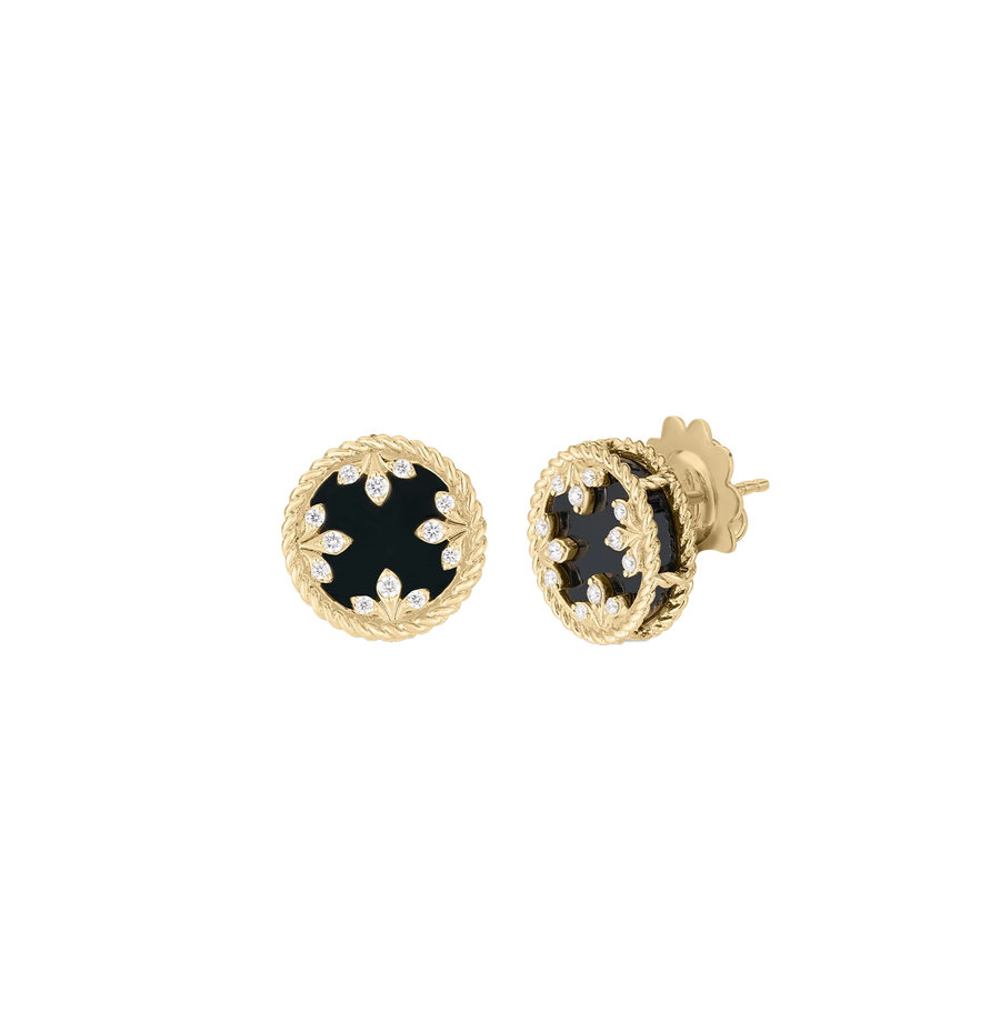 Venetian Medallion Diamond and Black Jade Stud Earrings in 18K Yellow Gold