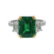 4.22ct Zambian Emerald CDC and 1.01ct Diamond 3 Stone Ring in Platinum and 18K Yellow Gold, Size 6.25