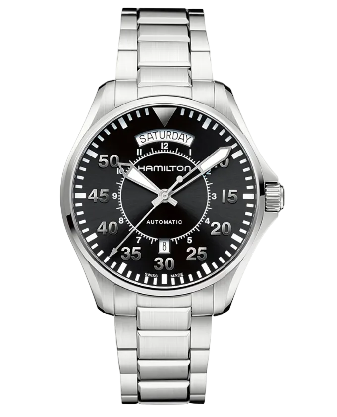 42mm Khaki Aviation Pilot Automatic Watch with Black Dial in Stainless Steel, Bracelet