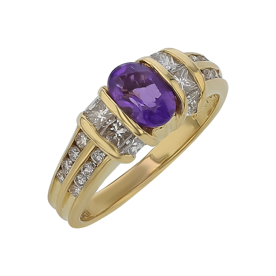 0.67ct Oval Amethyst and 0.96ct Princess and Round Diamond Ring in 18K Yellow Gold, size 6.25
