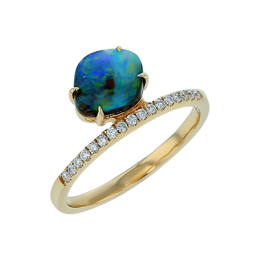 Australian Boulder Opal and 0.11ct Diamond Ring in 14K Yellow Gold, size 7