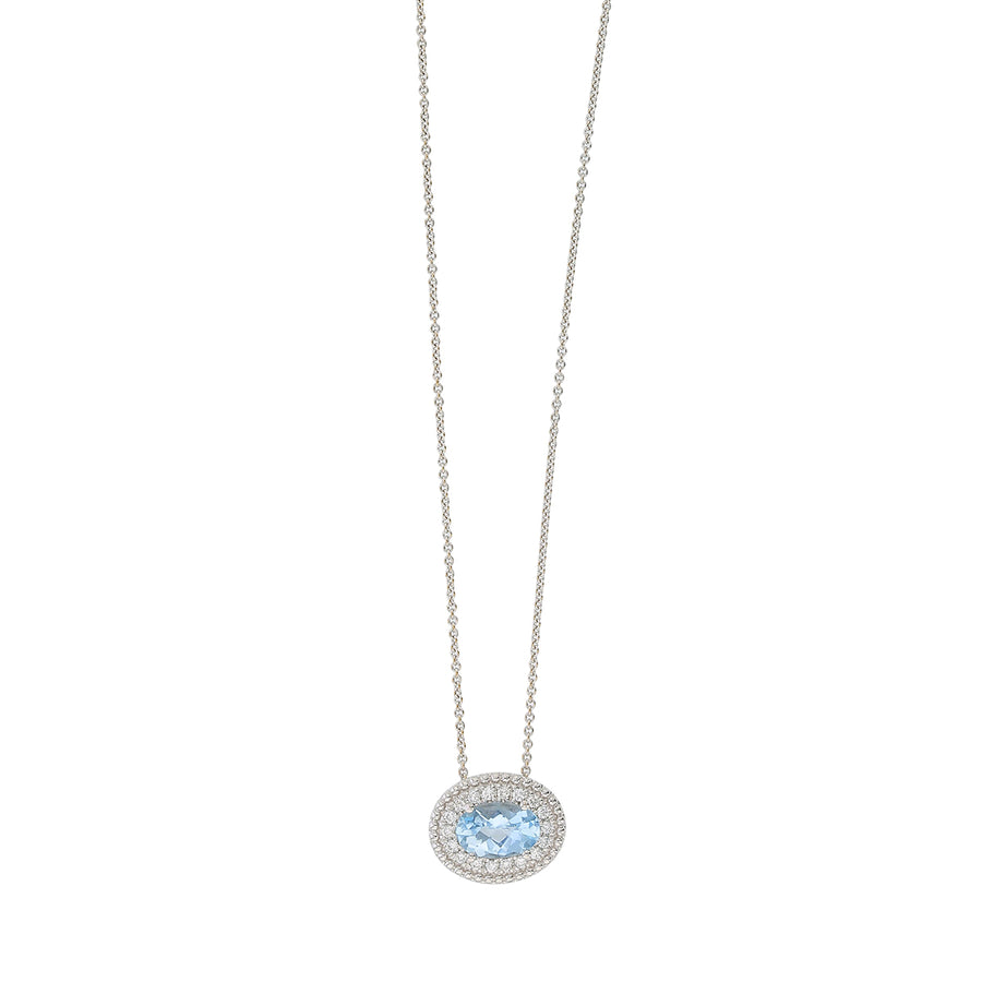 Charles Krypell 1.21ct Oval Aquamarine and 0.20ct Diamond Halo Pendant in 18K White Gold, 17" cable chain