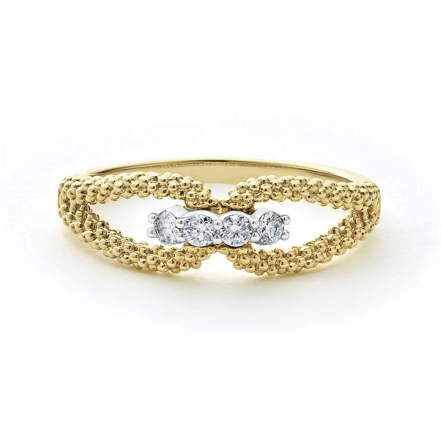 Signature Caviar 0.12ct Diamond Center Beaded Stackable Ring in 18K Yellow and White Gold, size 7