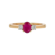 0.75ct Oval Burma Ruby and 0.15ct Diamond 3 Stone Ring in 18K Yellow Gold Size 6.5