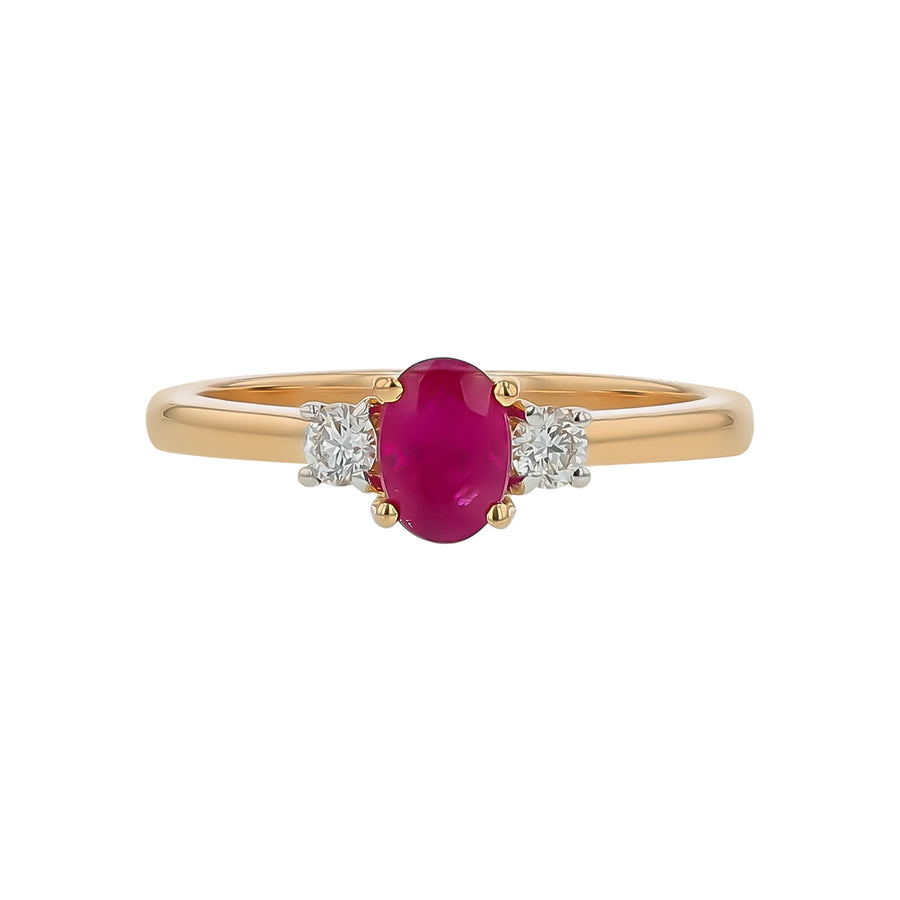 0.75ct Oval Burma Ruby and 0.15ct Diamond 3 Stone Ring in 18K Yellow Gold Size 6.5