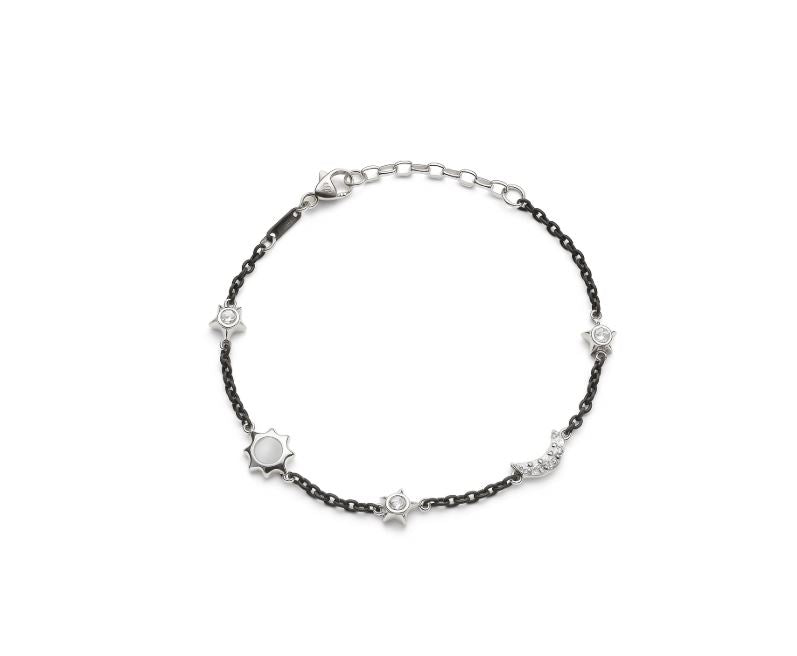 Sun, Moon and Stars 0.40ct Moonstone and 0.30ct White Sapphire Station Bracelet in Sterling Silver and Black Steel, 7"