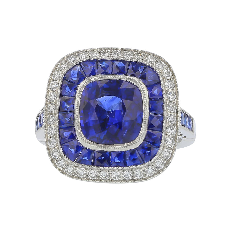 3.11ct  Cushion Sapphire 1.71ct Sapphires and 0.35ct Diamond Halo Ring in Platinum, size 6.25