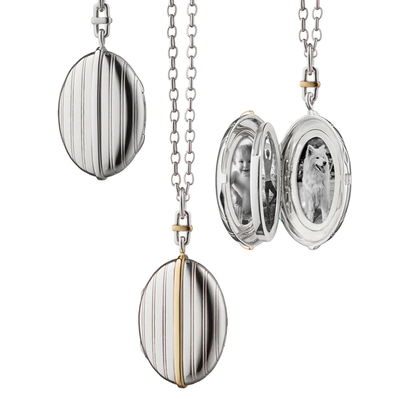 Four Image Pinstripe Locket on Chain in Sterling Silver and 18K Yellow Gold, 32in