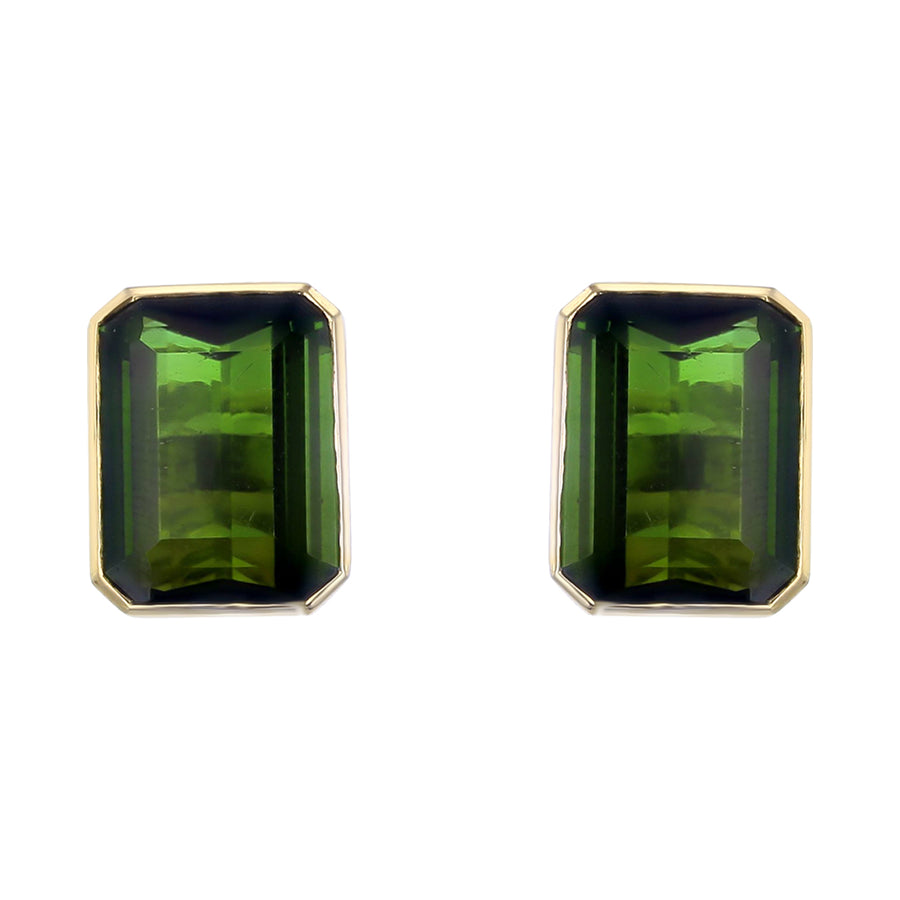18K YELLOW GOLD 2 EMERALD CUT GREEN TOURMALINE=8.56CT BEZEL SET EARRINGS
