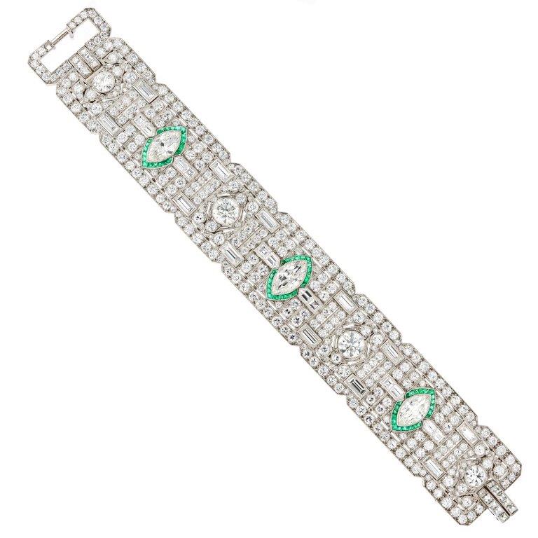 Diamond and Emerald Art Deco Bracelet in Platinum, 7.25in