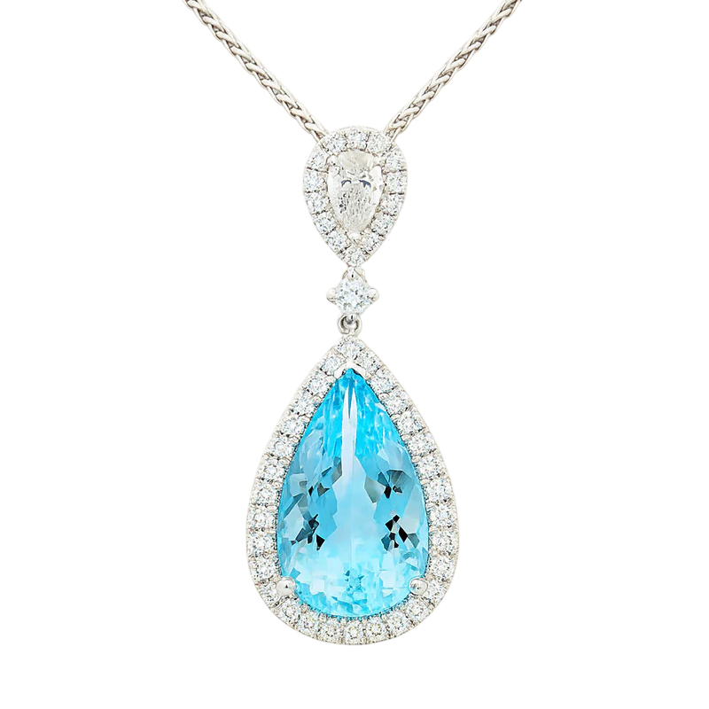 7.96ct Pear Shape Aquamarine and 1.00ct Pear and Round Diamond Halo Pendant in 18K White Gold, 16-18" chain