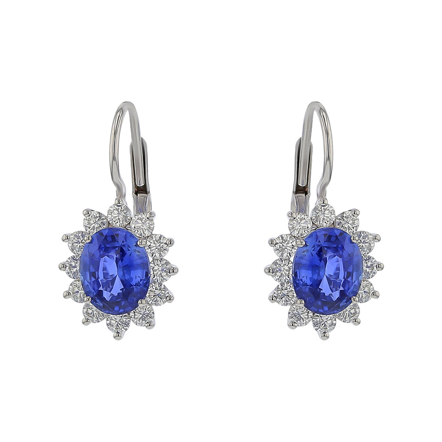 Sapphire and Diamond Halo Drop Earrings 18K White Gold
