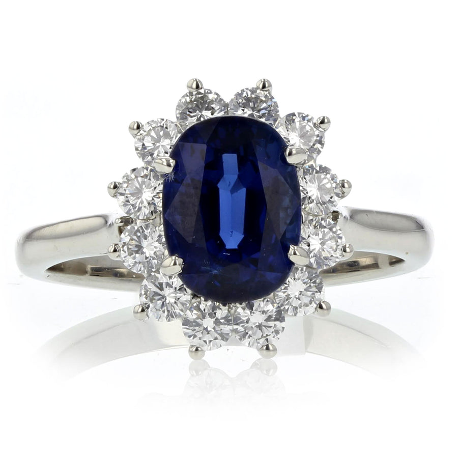 2.13ct Oval Sapphire and 0.57ct Diamond Halo Ring in Platinum, Size 6.5