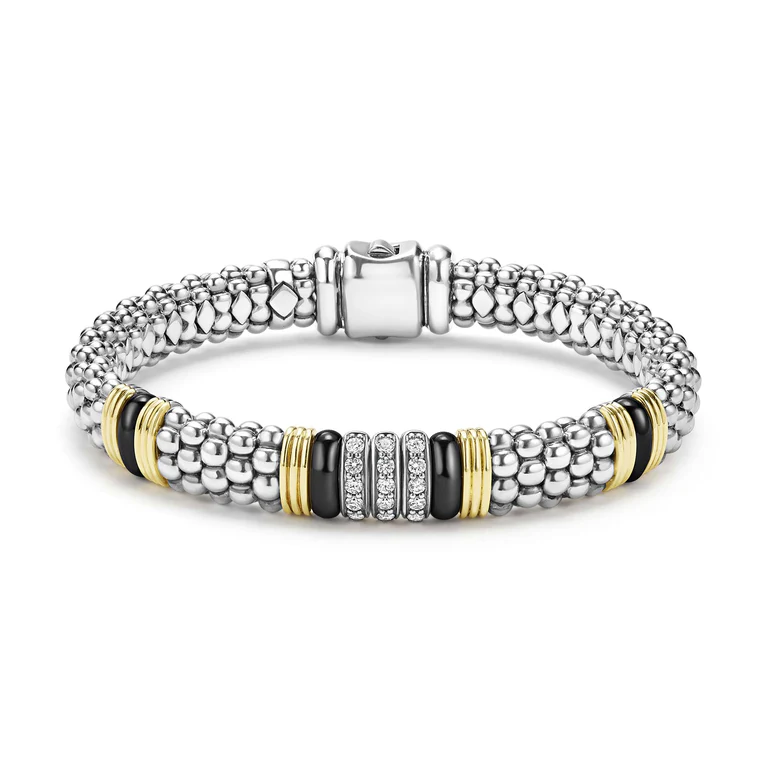Black Caviar 0.33ct Diamond 9mm Stationed Rope Bracelet in Sterling Silver, 18K Yellow Gold and Ceramic, size 7