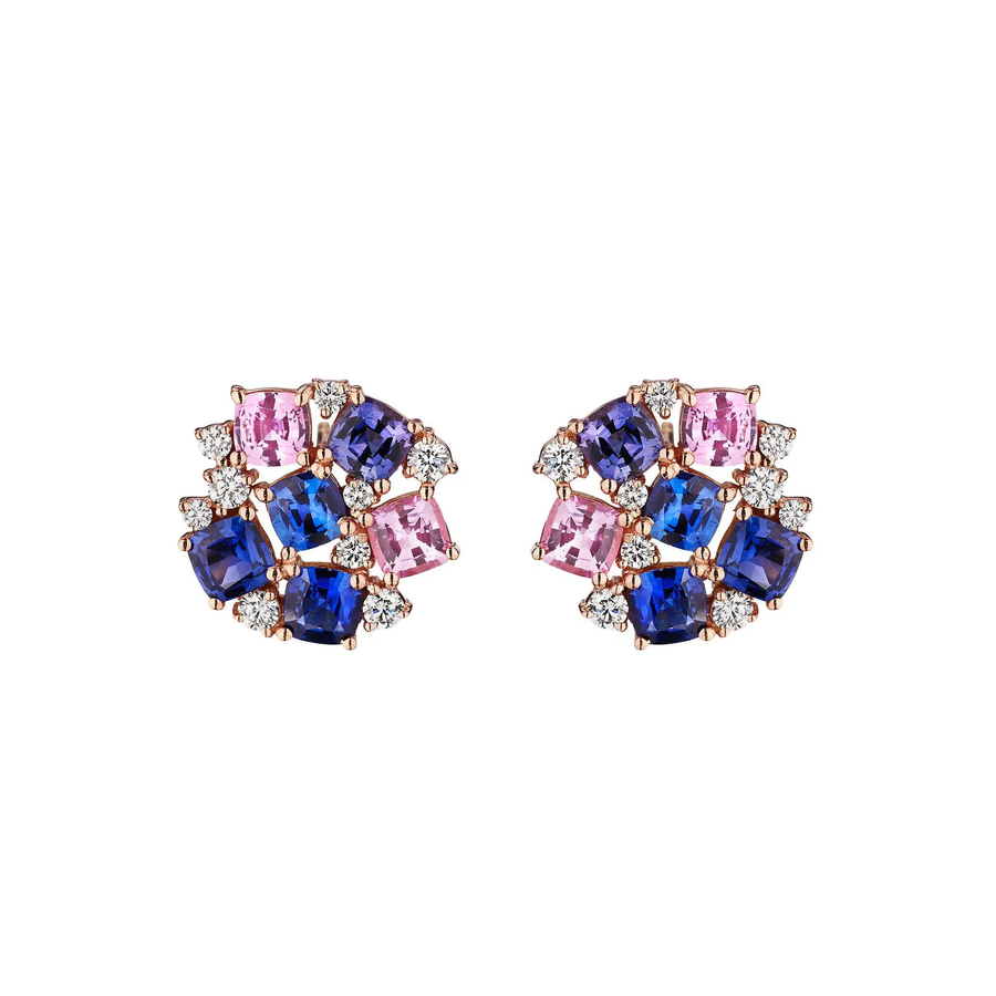 Confetti 5.04ct Cushion Cut Rainbow Sapphire and 0.52ct Diamond Cocktail Stud Earring in 18K Rose Gold