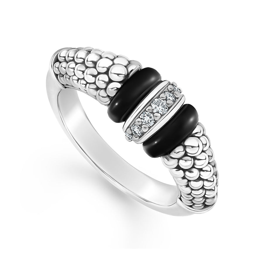 Diamond Black Caviar Small Link Ring in Sterling Silver and Ceramic, Size 7