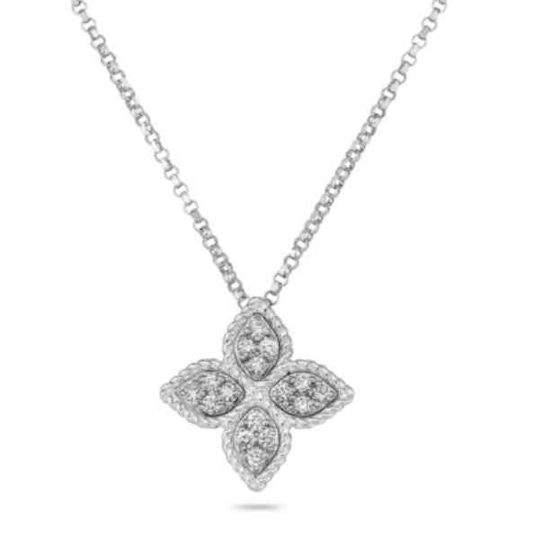 Princess Flower 0.17ct Round Diamond Medium Pendant in 18K White Gold, 16-18in