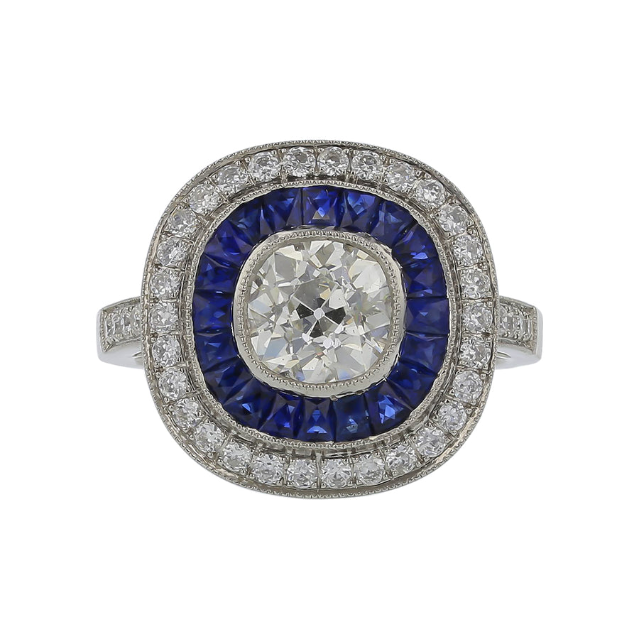 1.34ct Round Diamond 0.89ct Sapphire and 0.45ct Diamond Halo Ring in Platinum, size 6.25