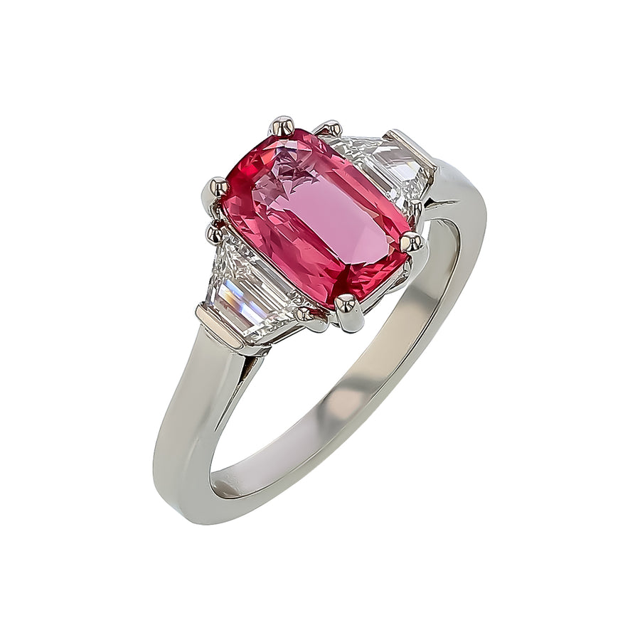 2.04ct Cushion Padparadscha Sapphire and 0.56ct Diamond Ring in Platinum, size 6.25