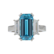 6.31ct Emerald Cut Cambodian Blue Zircon and 0.88ct Trap Diamonds 3 Stone Ring in Platinum, size 6