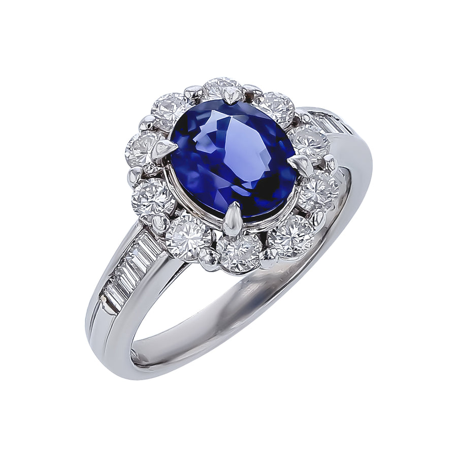 2.26ct Sapphire and 1.16ct Diamond Halo Ring in Platinum, size 7.75
