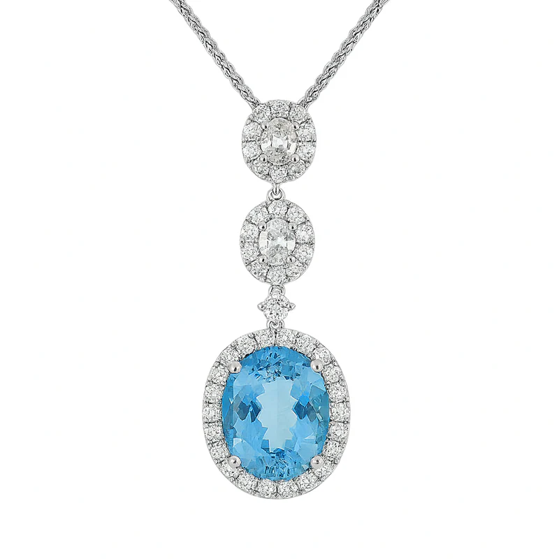 4.60ct Oval Aquamarine with 1.10ct Oval and Round Diamond Halo Pendant in 18K White Gold, 16-18" chain