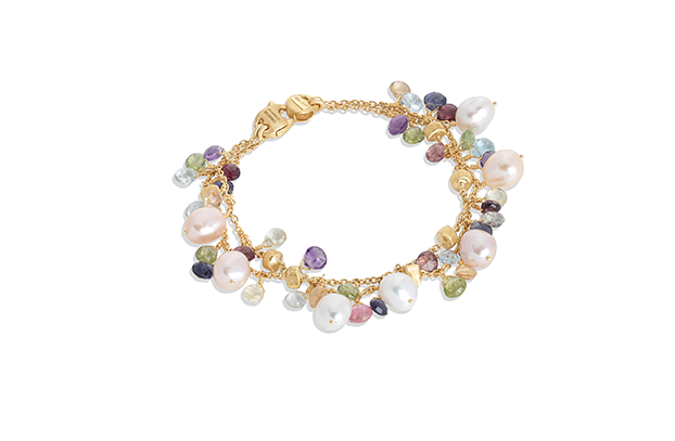 Paradise Mixed Gemstone and Freshwater Pearl Hand Engraved Bracelet in 18K Yellow Gold
