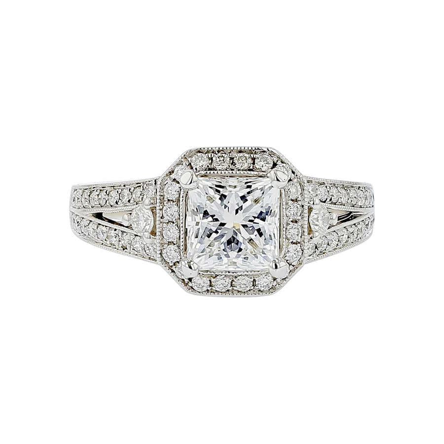 1.28ct Princess Cut Diamond and 0.33ct Diamond Halo Ring in 18K White Gold, size 6