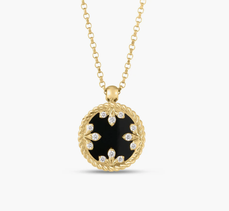 Colored Medallion 0.05ct Diamond and Black Jade Pendant in 18K Yellow Gold, 17" chain