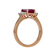 1.72ct Emerald Cut Rubellite Tourmaline 0.56ct Diamond 3 Stone Ring in 18K Rose Gold, size 6.25