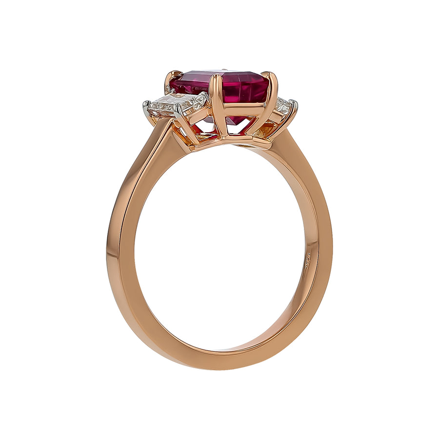 1.72ct Emerald Cut Rubellite Tourmaline 0.56ct Diamond 3 Stone Ring in 18K Rose Gold, size 6.25
