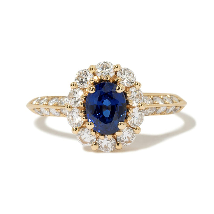 18KY 1 OVAL BLUE SAPPHIRE=0.96CT AND FULL CUT DIAMONDS=0.75CTS HALO RING SIZE 6.25