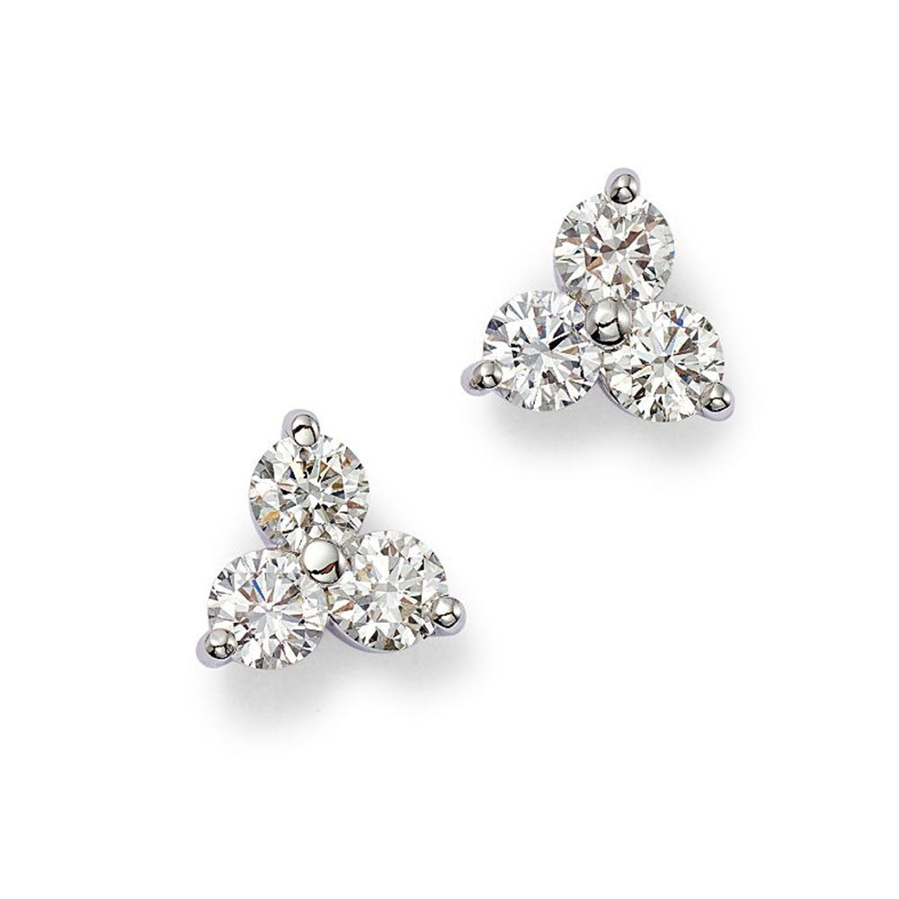 3-Stone Cluster Diamond Stud Earrings in 18K White Gold