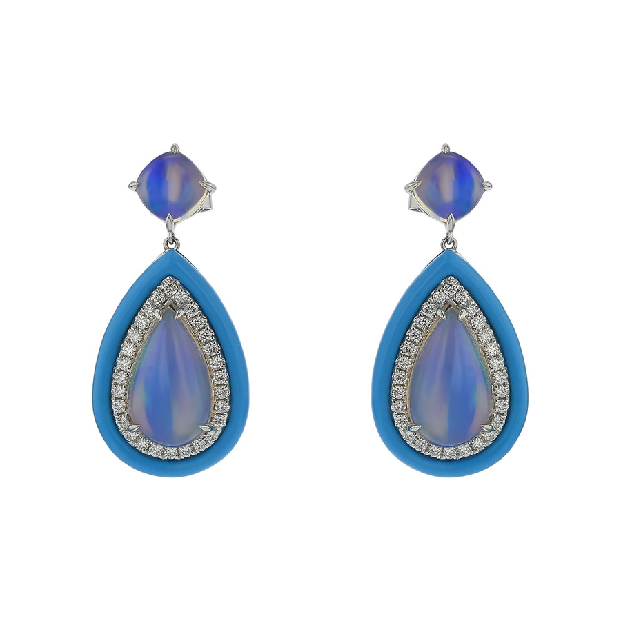 8.30ct Pear Shape Opal, 0.69ct Diamond and Turquoise Double Halo Earrings in 18K White Gold