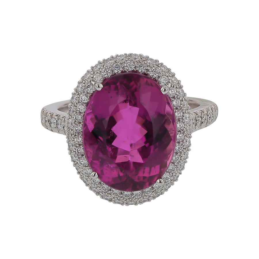 7.52ct Oval Magenta Tourmaline and 0.68ct Diamond Halo Ring in 18K White Gold, Size 6.5