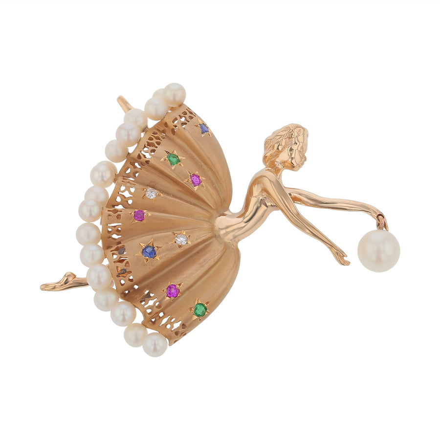 0.04ct Diamonds, 0.08ct Sapphire, 0.12ct Ruby, 0.06ct Emerald and Cultured Pearl Ballerina Brooch in 14K Yellow Gold