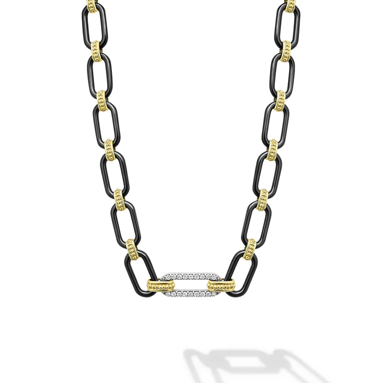 Caviar Black Ceramic and Diamond 12x6 Oval Link 18" Necklace in Sterling Silver and 18K Yellow Gold with Toggle Clasp, 18in