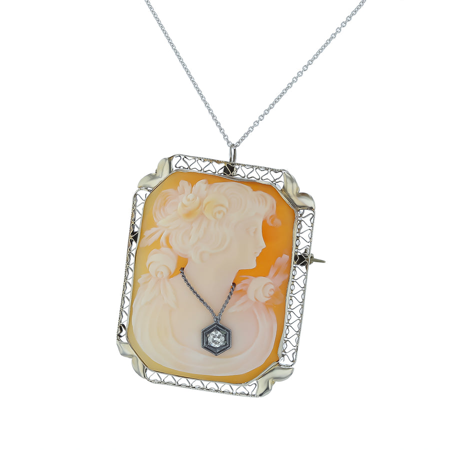 Art Deco 0.12ct Old European Cut Diamond and Carved Shell Cameo Pendant in 14K White Gold, 16" chain circa 1920s