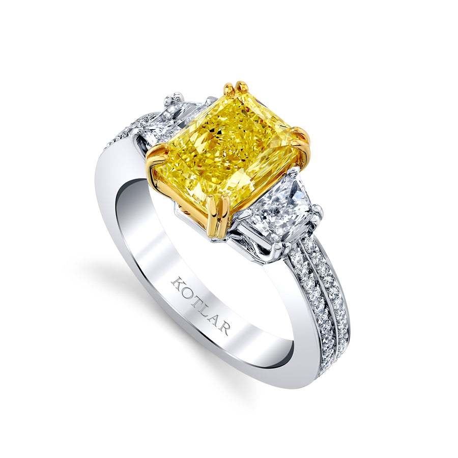 Harmonie 3.02ct Radiant Cut Fancy Yellow Diamond and 0.58ct Trapezoid Diamond and 0.28ct Diamond 3 Stone Ring in Platinum and 18K Yellow Gold