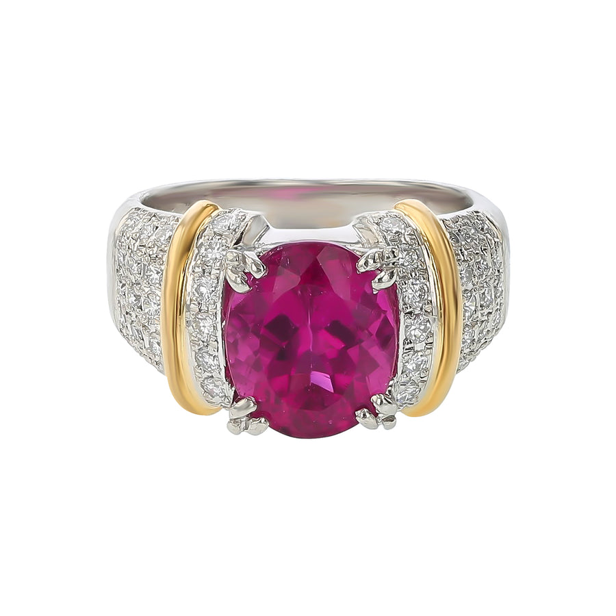 3.22ct Oval Pink Tourmaline and 0.40ct Diamond Ring in Platinum and 18K Yellow Gold, size 5.75