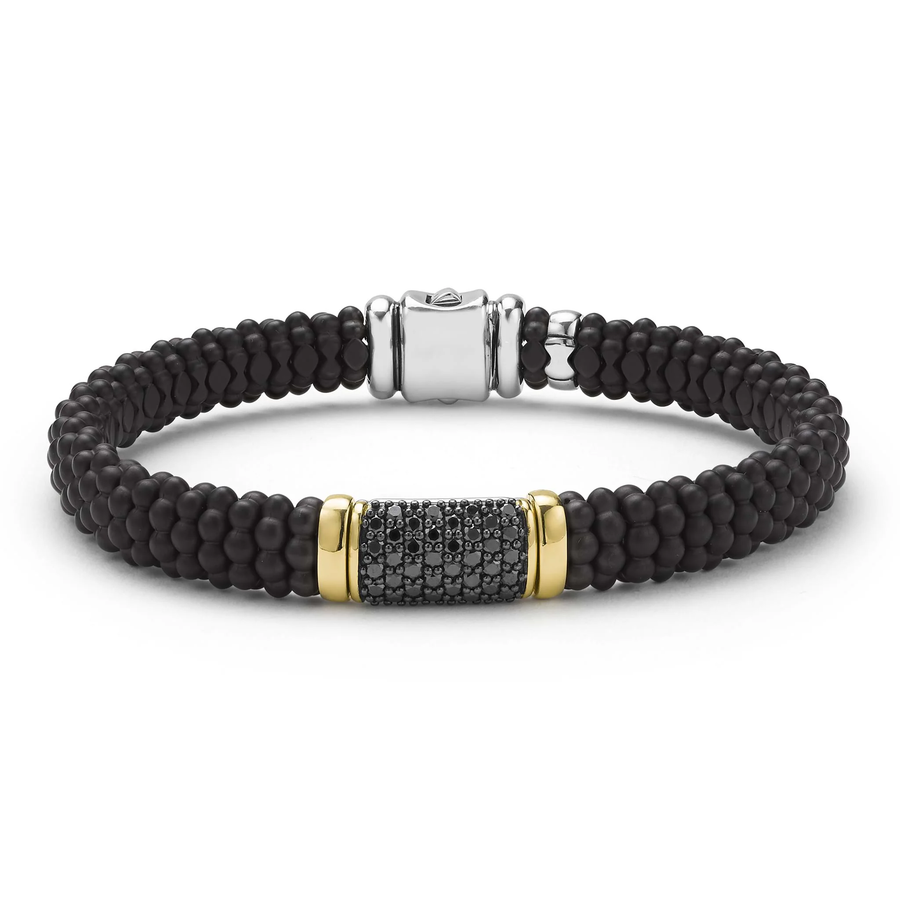 Black Caviar Anthem Diamond 9mm Station Bracelet in Sterling Silver, 18K Yellow Gold, and Matte Ceramic, size 7.5