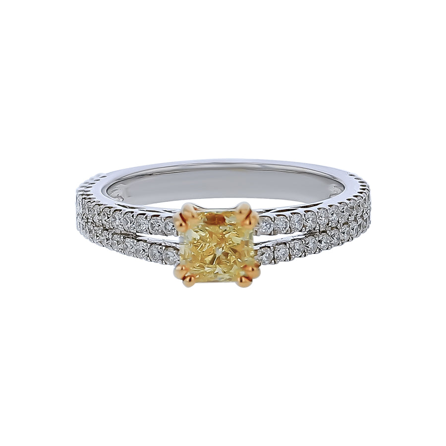 1.00ct Yellow Diamond and 0.50ct Diamond Ring in 18K Yellow and White Gold, size 7