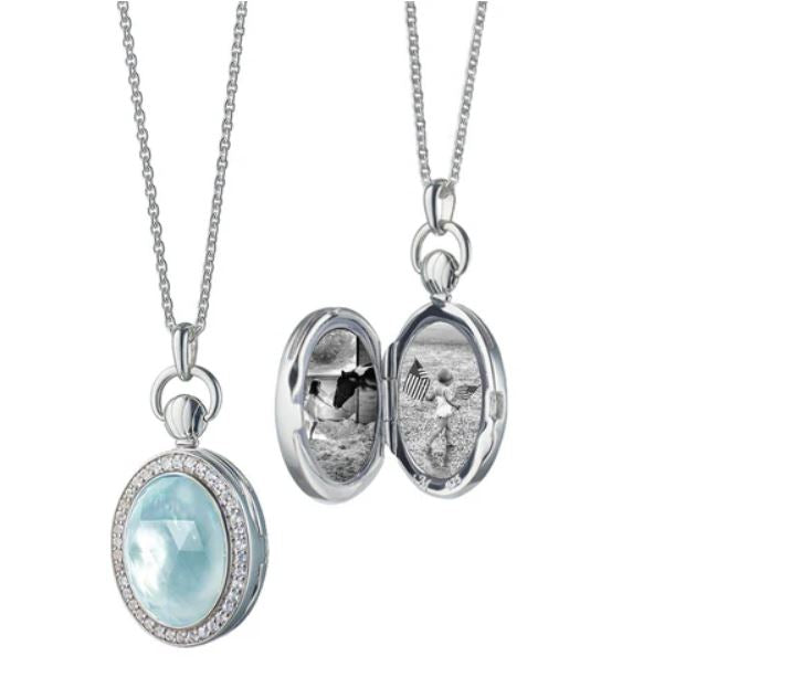 White Sapphire and Blue Topaz over Mother of Pearl Doublet Oval Locket in Sterling Silver, 18in